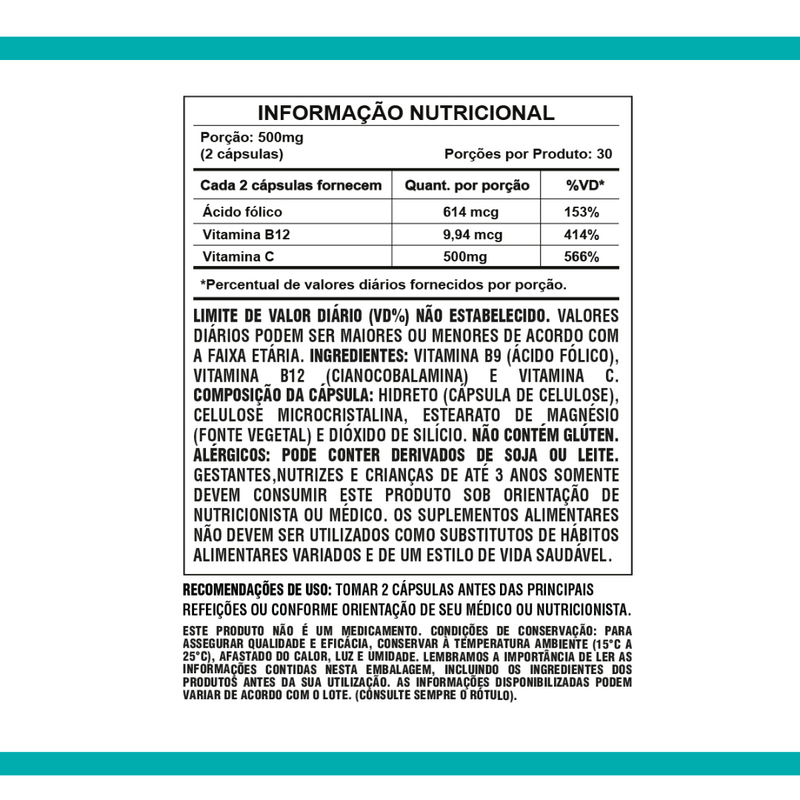 Ácido Fólico + Vitamina B12 Sunfood 500mg 30Caps